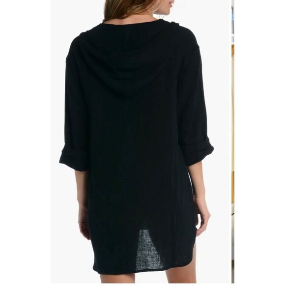 La Blanca Seaside Cotton Hoodie Gauzy Hooded Swim Cover Up Tunic Large Black - Picture 2 of 5